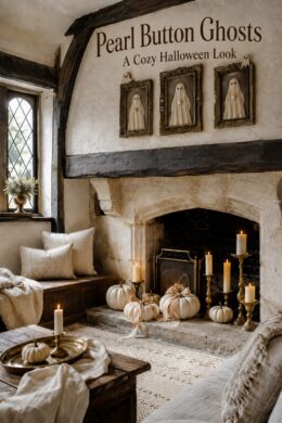 Cozy neutral Halloween inglenook with framed ivory ghosts ribbon trimmed pumpkins and text reading Pearl Button Ghosts A Cozy Halloween Look