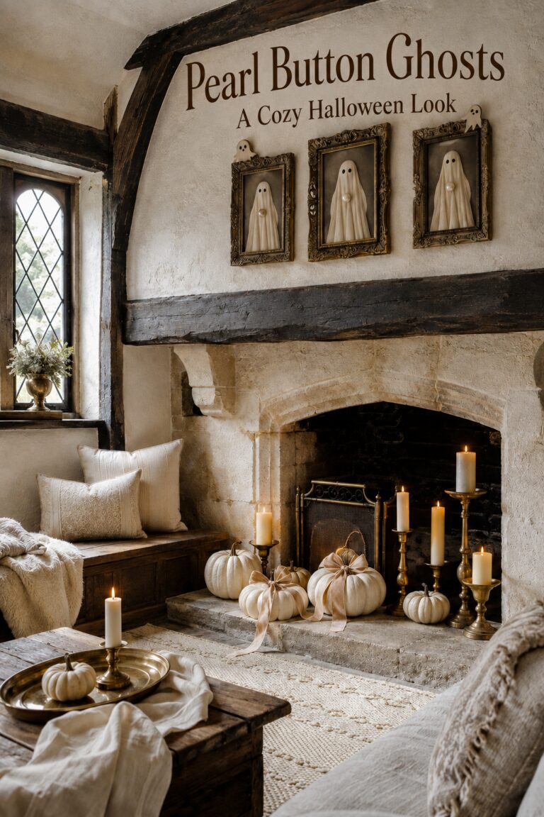 Cozy neutral Halloween inglenook with framed ivory ghosts ribbon trimmed pumpkins and text reading Pearl Button Ghosts A Cozy Halloween Look