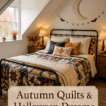 Layered pumpkin pillows and an autumn quilt beneath crescent moon wall decor with text reading Autumn Quilts and Halloween Dreams