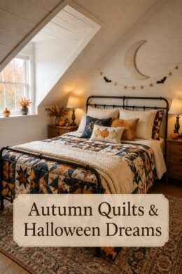 Layered pumpkin pillows and an autumn quilt beneath crescent moon wall decor with text reading Autumn Quilts and Halloween Dreams