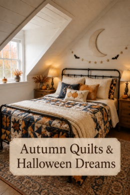 Layered pumpkin pillows and an autumn quilt beneath crescent moon wall decor with text reading Autumn Quilts and Halloween Dreams