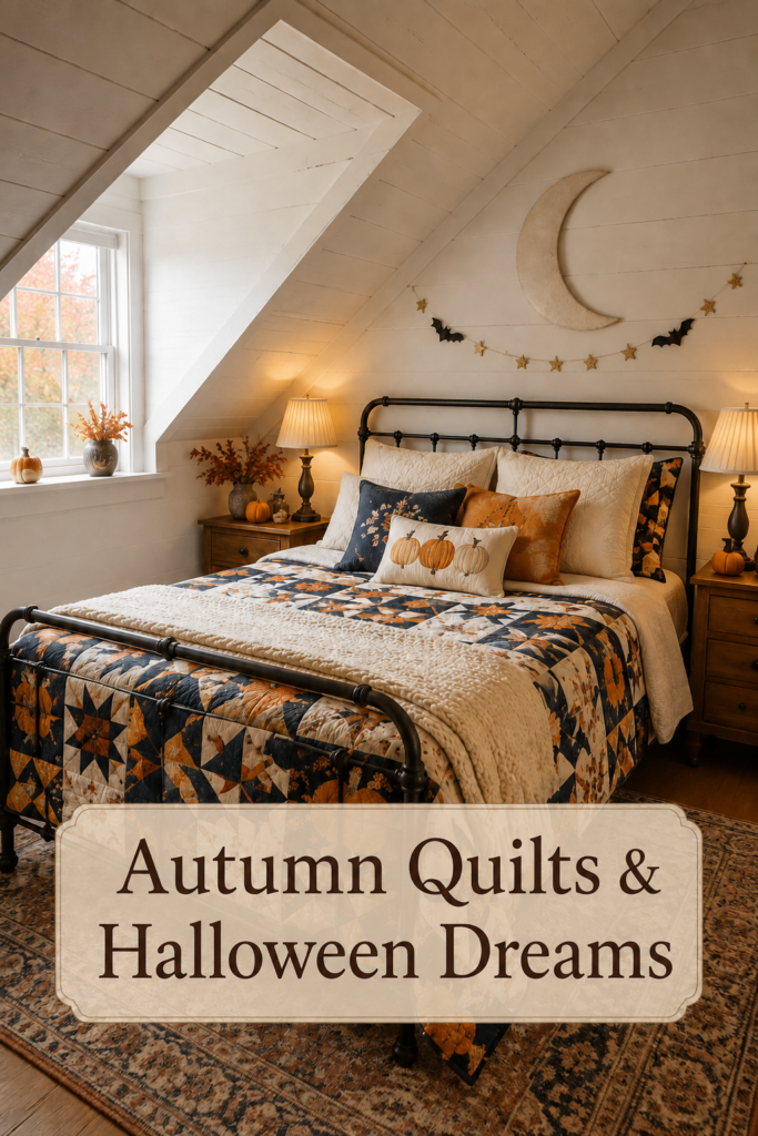 Layered pumpkin pillows and an autumn quilt beneath crescent moon wall decor with text reading Autumn Quilts and Halloween Dreams
