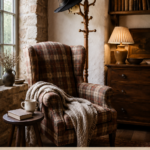 Farmhouse Halloween nook with plaid seating books and a witch hat above a banner reading A Witchs Reading Corner Plaid and Cozy Halloween Charm
