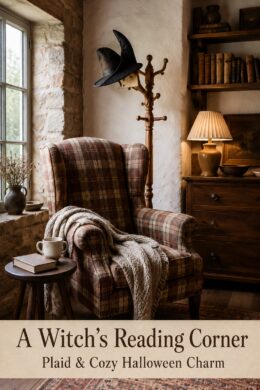 Farmhouse Halloween nook with plaid seating books and a witch hat above a banner reading A Witchs Reading Corner Plaid and Cozy Halloween Charm