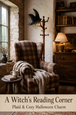 Farmhouse Halloween nook with plaid seating books and a witch hat above a banner reading A Witchs Reading Corner Plaid and Cozy Halloween Charm