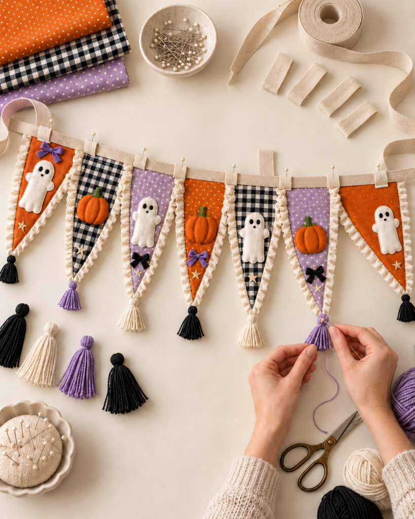 adding tassels to the bottom of fabric Halloween pennant garland