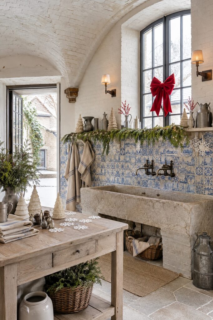 Christmas farmhouse scullery with a red velvet window bow blue and white tiles evergreen garland stone sink and ceramic trees
