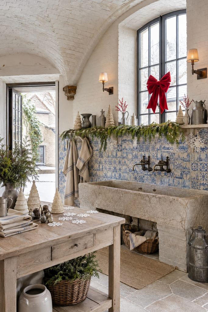 Christmas farmhouse scullery with a red velvet window bow blue and white tiles evergreen garland stone sink and ceramic trees