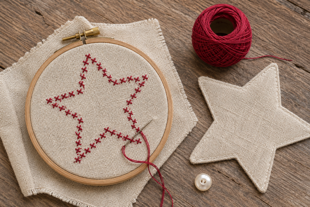 Crimson Star Cross-Stitch in Progress