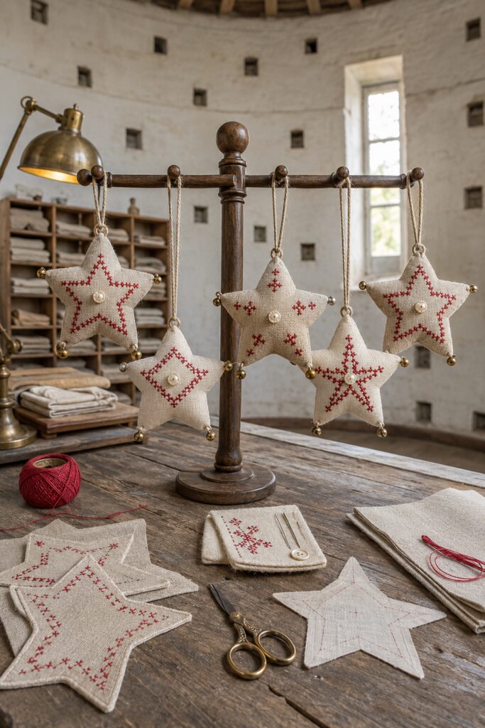 Crimson  and Oatmeal Cross-Stitch Star Bell Ornaments