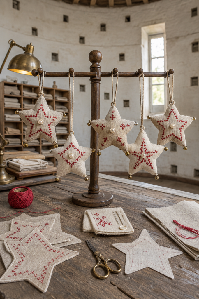 Crimson  and Oatmeal Cross-Stitch Star Bell Ornaments