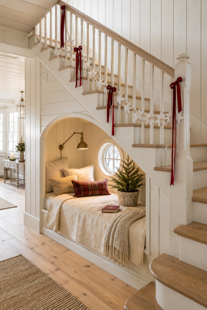 Cape Cod Christmas under stair snug with crimson velvet bows white star garland cream daybed tartan pillow and miniature tree