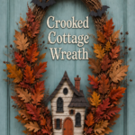 Crooked Cottage Wreath lettering above a miniature haunted house framed by rust and gold foliage with black bats near the exposed vine arch