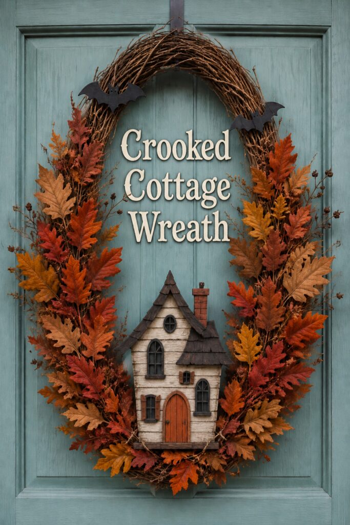 Crooked Cottage Wreath lettering above a miniature haunted house framed by rust and gold foliage with black bats near the exposed vine arch
