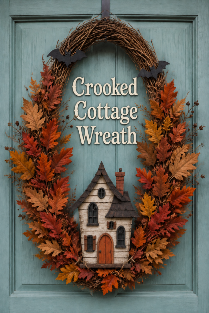 Crooked Cottage Wreath lettering above a miniature haunted house framed by rust and gold foliage with black bats near the exposed vine arch