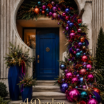 Sculptural townhouse portico decorated with jewel toned ornaments and evergreen garland with cream text reading A Dazzling Christmas Entrance