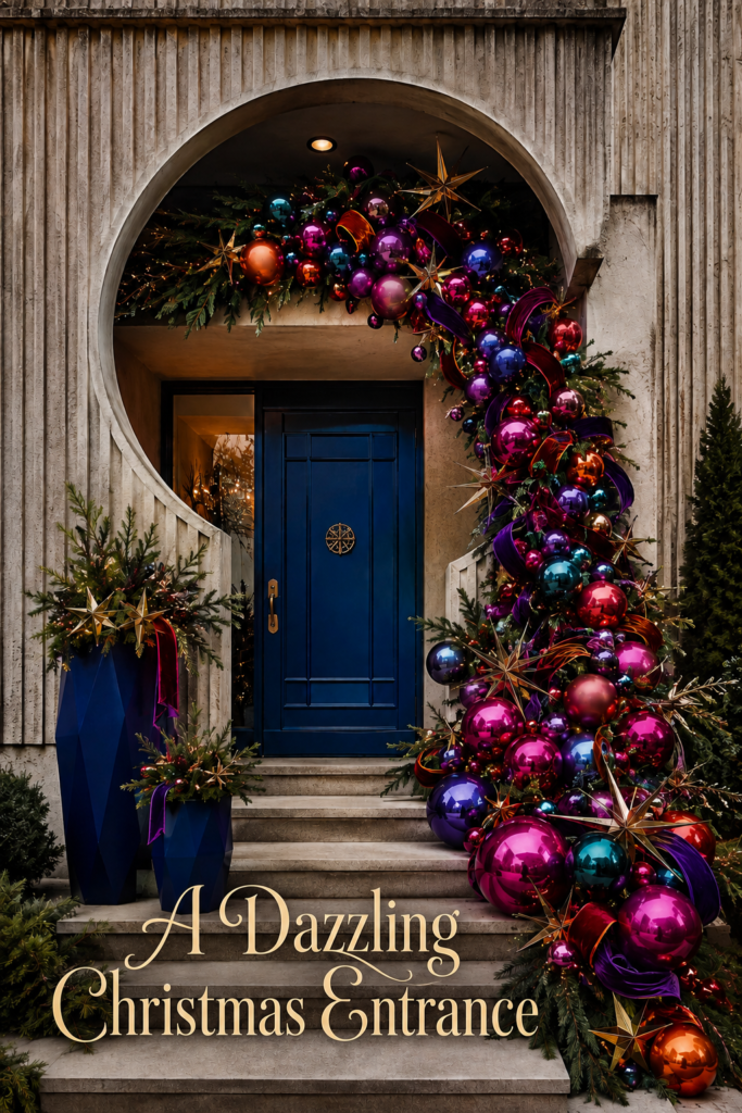 Sculptural townhouse portico decorated with jewel toned ornaments and evergreen garland with cream text reading A Dazzling Christmas Entrance