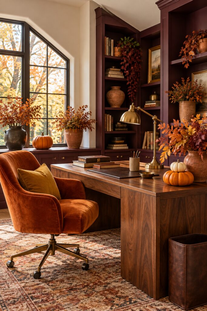 Fall home office with plum shelves orange velvet chair wood desk autumn branches and pumpkins