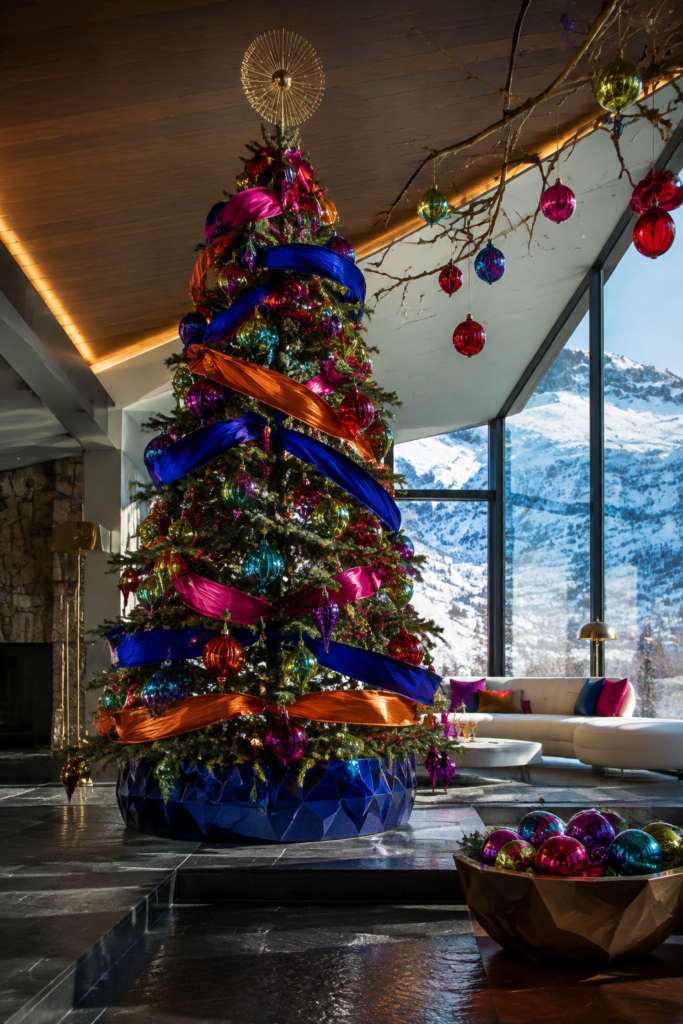 Jewel tone Christmas tree with cobalt fuchsia and orange ribbon beside a white sofa and angular windows overlooking snowy mountains