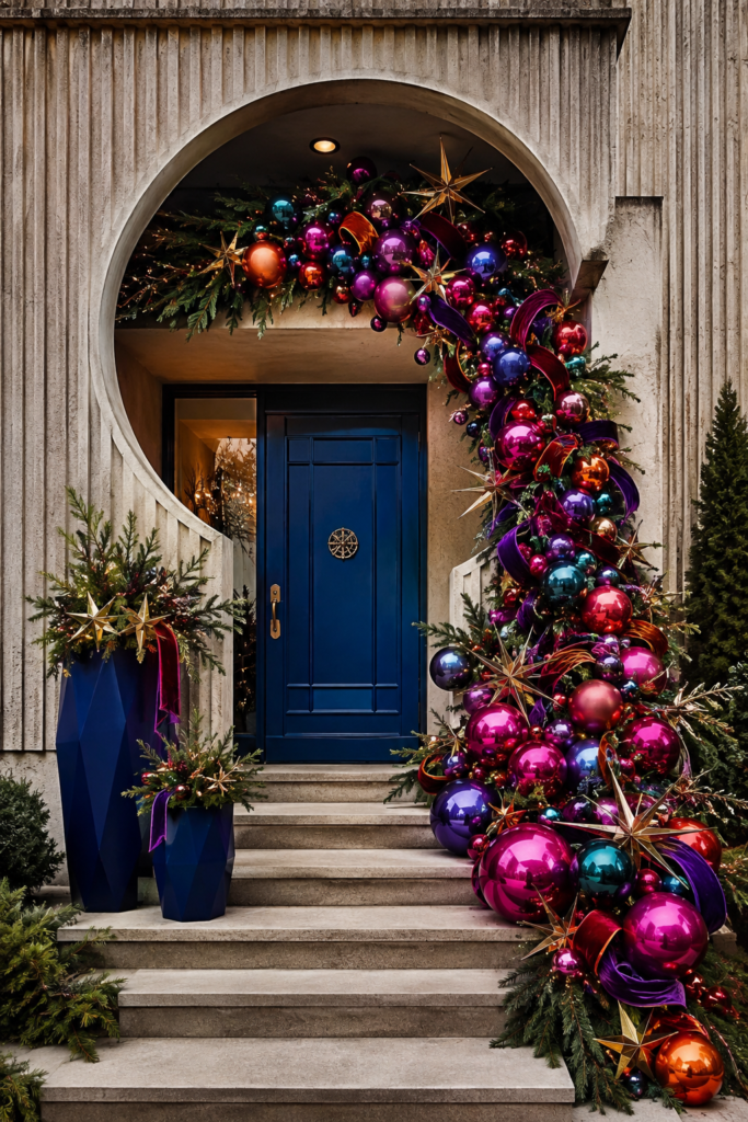 Christmas ornament cascade with magenta purple turquoise and orange baubles gold stars and greenery framing a blue door beside geometric planters