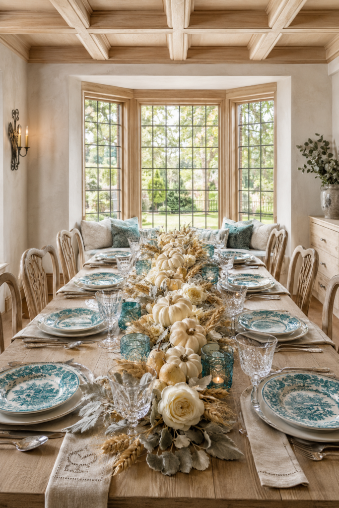 Turquoise patterned plates and teal votive holders surround an ivory pumpkin wheat pear and cream rose centerpiece on a wood Thanksgiving table