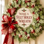 DIY wreath made of felt leaves in different shades of green with red and white berries and red and white striped bow