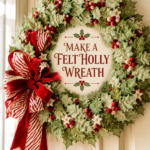 DIY wreath made of felt leaves in different shades of green with red and white berries and red and white striped bow