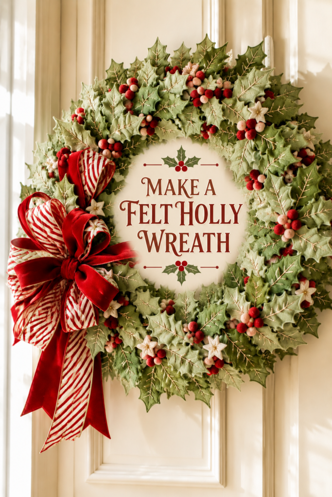 DIY wreath made of felt leaves in different shades of green with red and white berries and red and white striped bow