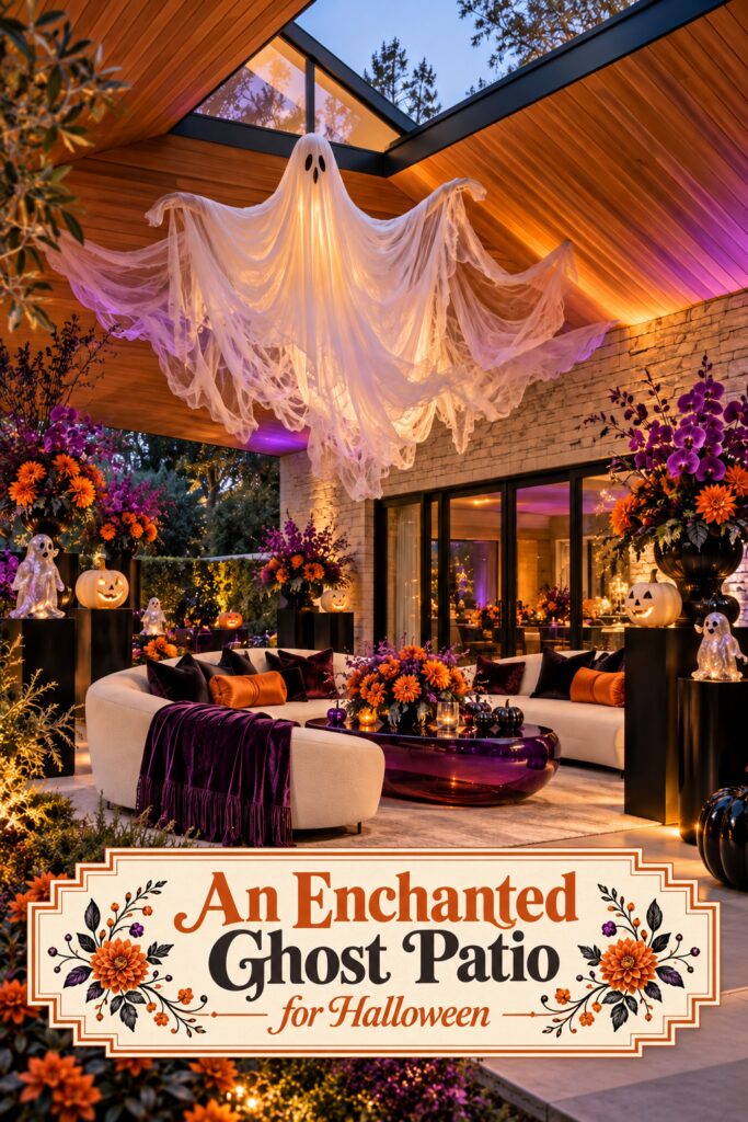 An Enchanted Ghost Patio for Halloween headline beneath an illuminated ghost over outdoor seating