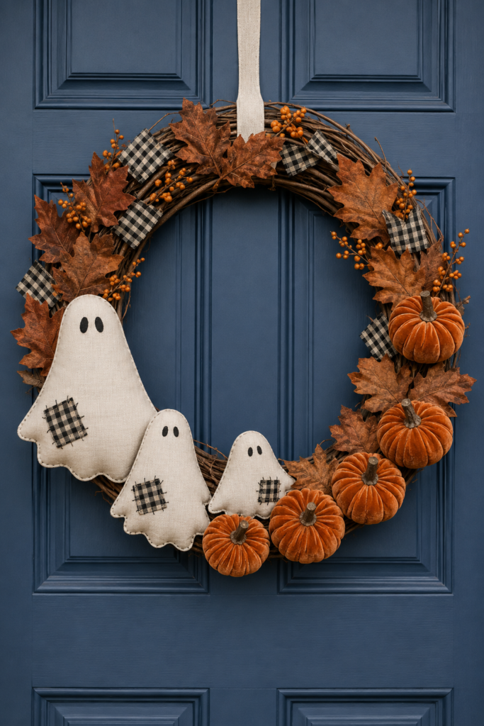 Three ivory patchwork ghosts and orange velvet pumpkins decorate a grapevine Halloween wreath with gingham rust leaves and berries on a navy door