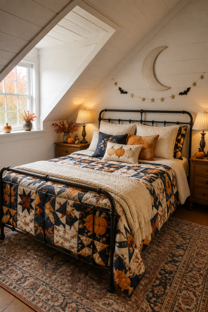 Cozy Halloween attic bedroom with a black metal bed autumn patchwork quilt cream crescent moon gold star and bat garland and warm bedside lamps