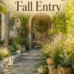 Sunlit harvest entry with cream pumpkins flowing greenery and tall grasses beneath a pergola with text reading An Enchanting Fall Entry