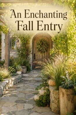 Sunlit harvest entry with cream pumpkins flowing greenery and tall grasses beneath a pergola with text reading An Enchanting Fall Entry