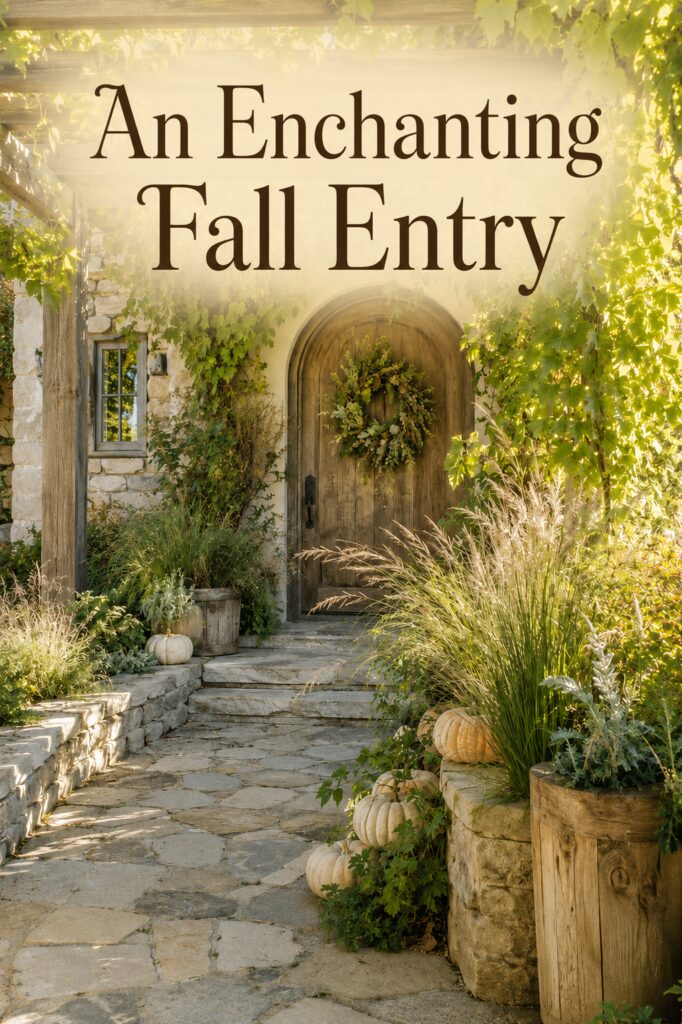 Sunlit harvest entry with cream pumpkins flowing greenery and tall grasses beneath a pergola with text reading An Enchanting Fall Entry