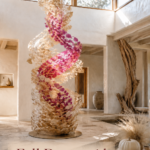 Desert modern atrium with an airy pink leaf sculpture neutral grasses and a cream pumpkin with text reading Fall Decor with a Desert Soul