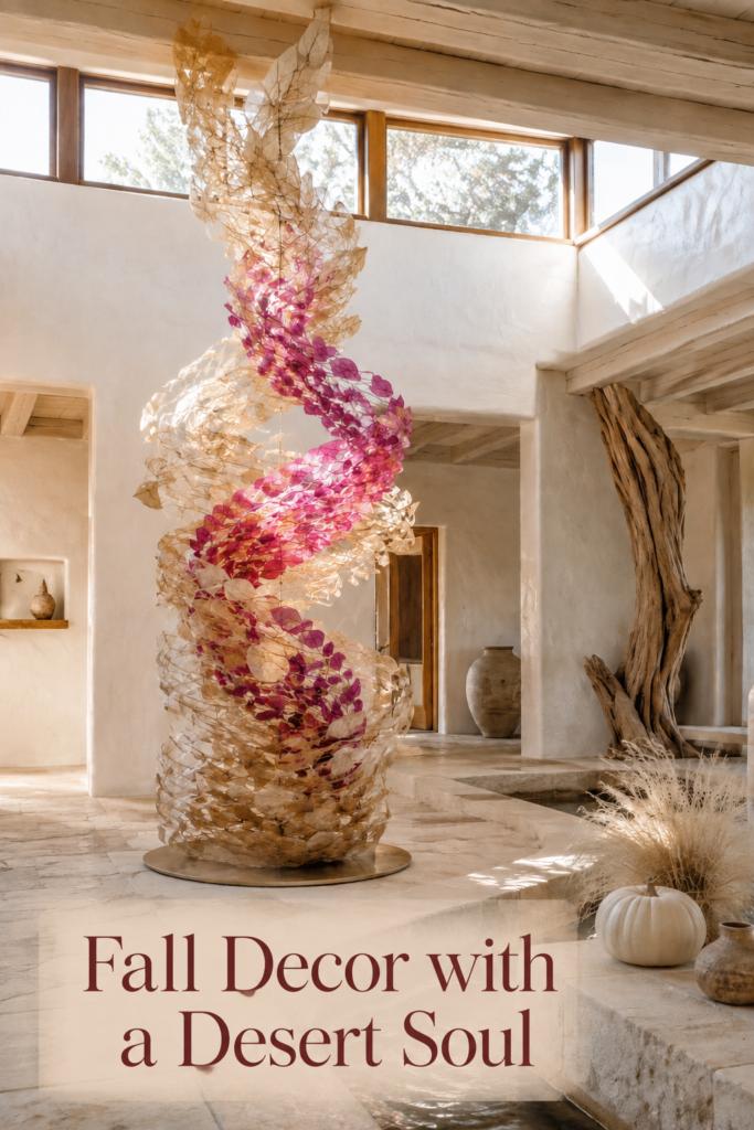 Desert modern atrium with an airy pink leaf sculpture neutral grasses and a cream pumpkin with text reading Fall Decor with a Desert Soul