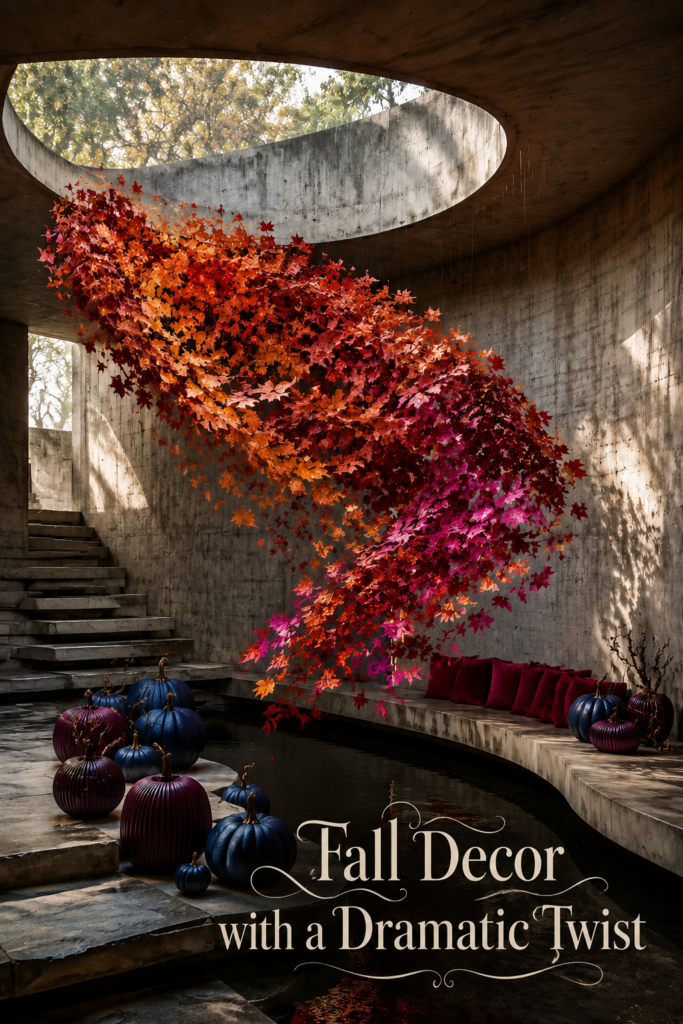Fall leaf installation above a curved courtyard bench with jewel toned pumpkins and ivory text reading Fall Decor with a Dramatic Twist