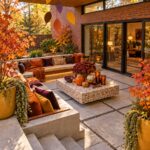 Fall on the Sunken Patio text above autumn seating with orange pillows painted leaves and concrete steps