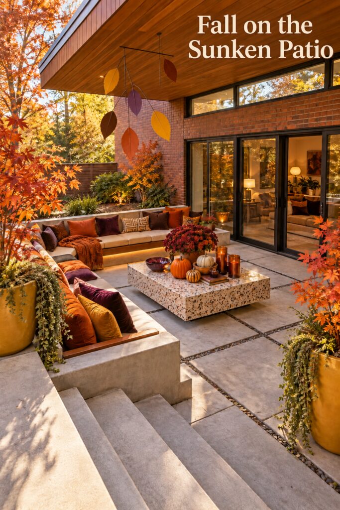 Fall on the Sunken Patio text above autumn seating with orange pillows painted leaves and concrete steps