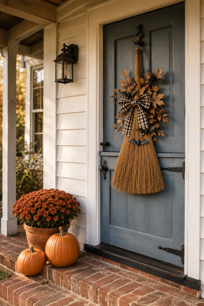 Harvest broom with golden oak leaves checked ribbon and black bats on a blue gray Dutch door beside orange mums and pumpkins on brick steps