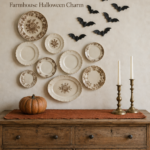 armhouse Halloween plate wall with flying black bats and rust accents beneath text reading Heirloom Plates and Escaping Bats Farmhouse Halloween Charm