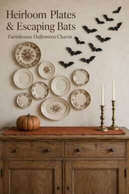 armhouse Halloween plate wall with flying black bats and rust accents beneath text reading Heirloom Plates and Escaping Bats Farmhouse Halloween Charm