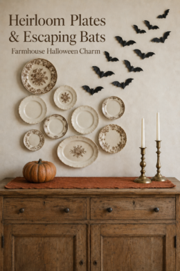 armhouse Halloween plate wall with flying black bats and rust accents beneath text reading Heirloom Plates and Escaping Bats Farmhouse Halloween Charm