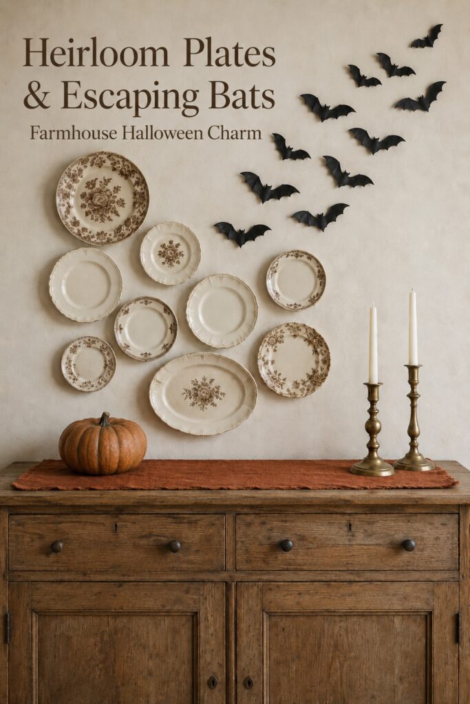 armhouse Halloween plate wall with flying black bats and rust accents beneath text reading Heirloom Plates and Escaping Bats Farmhouse Halloween Charm
