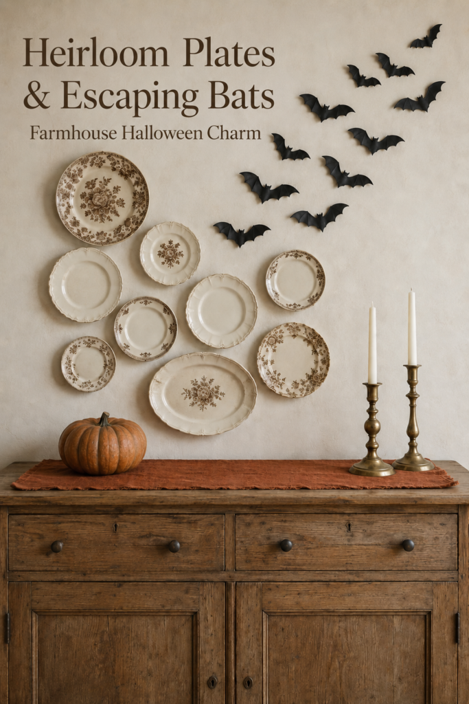 armhouse Halloween plate wall with flying black bats and rust accents beneath text reading Heirloom Plates and Escaping Bats Farmhouse Halloween Charm