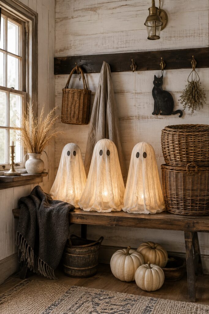 Three glowing ivory ghost lanterns on a rustic mudroom bench with wicker baskets a hanging black cat and cream pumpkins