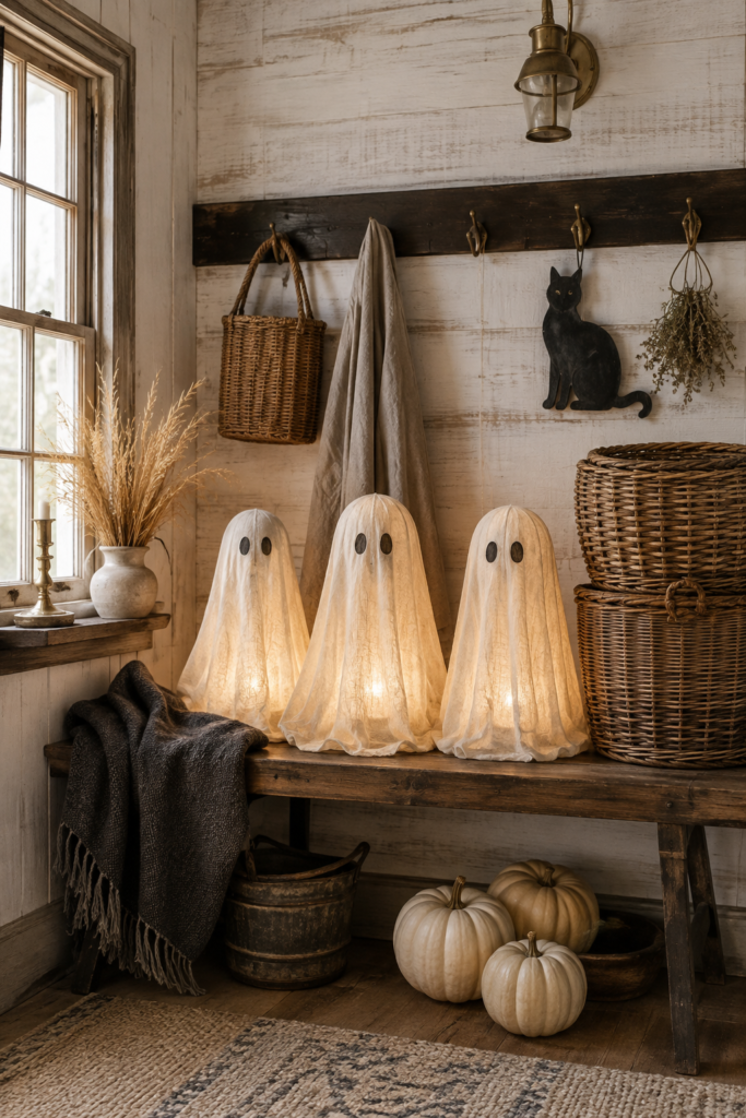 Three glowing ivory ghost lanterns on a rustic mudroom bench with wicker baskets a hanging black cat and cream pumpkins