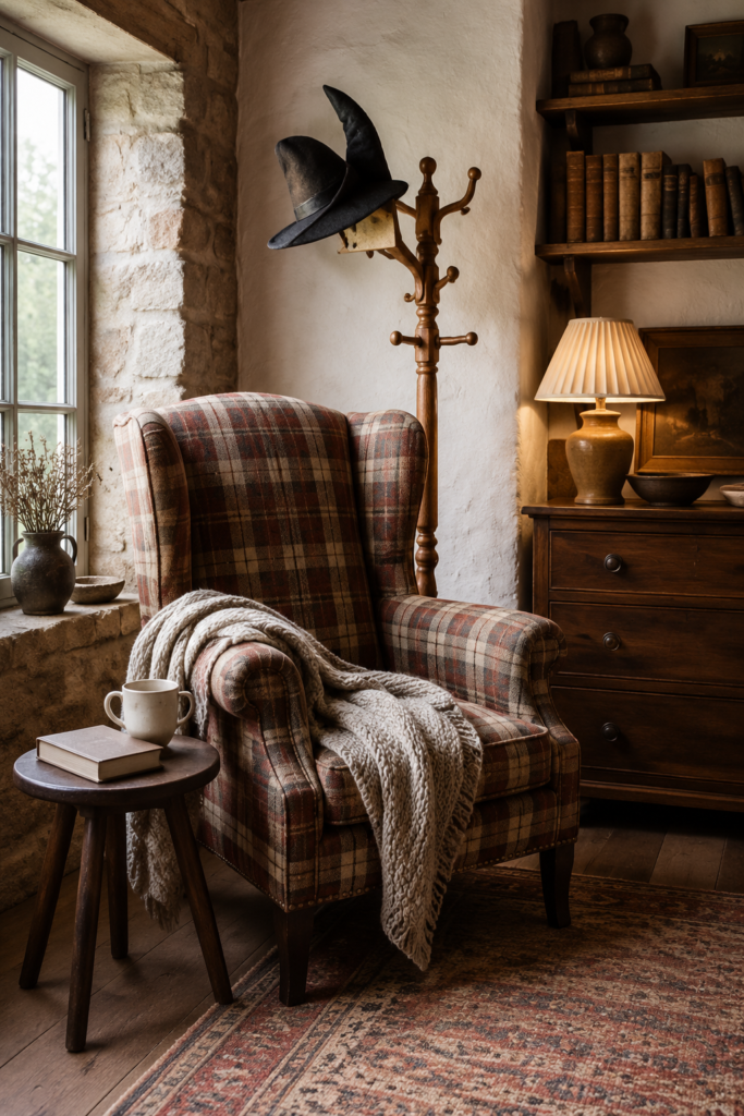 Plaid wingback chair with an oatmeal throw beside a wooden table and stone window with a black witch hat on a coat stand and a glowing pleated lamp