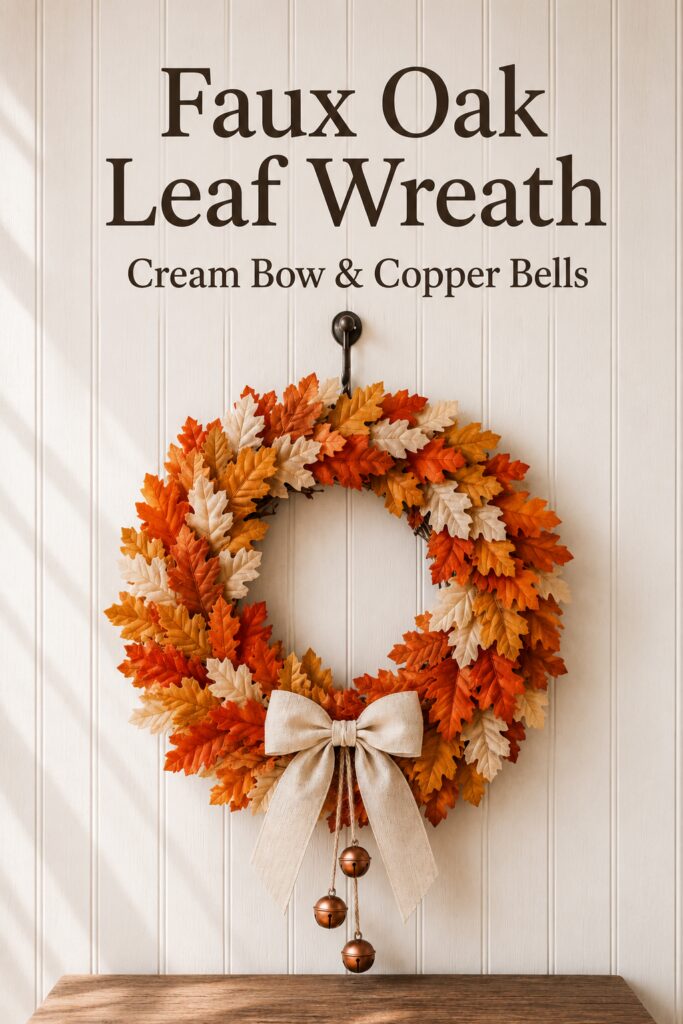 Fall Wreath with fake leaves in orange rust and cream with 3 copper bells hanging from a cream bow at the bottom
