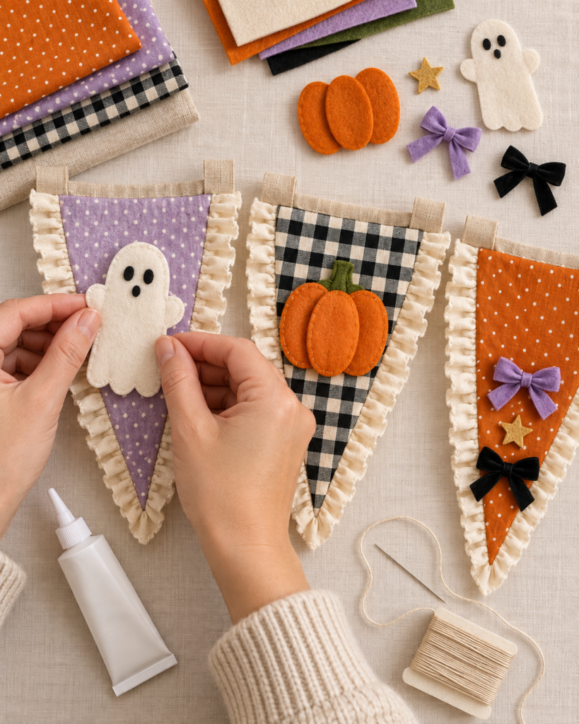 felt ghosts and pumpkins being secured to pennant backgrounds